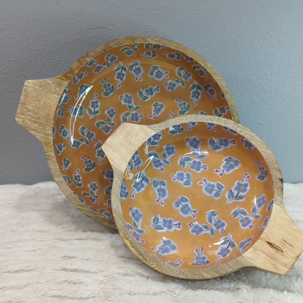 Set Of Two Creative Co-op Enameled Mango Woodโ Bowls With Handles NIB Defect